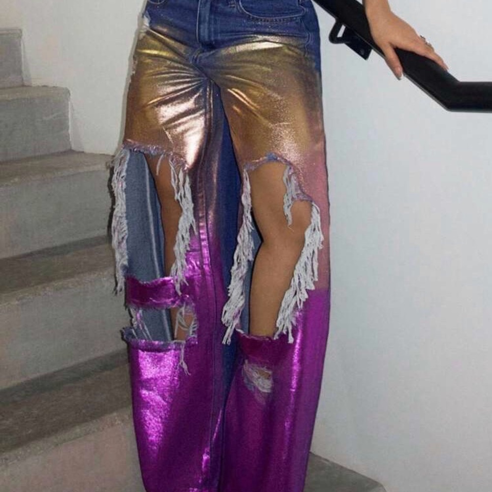 Metallic Purple and Gold Distressed Pants